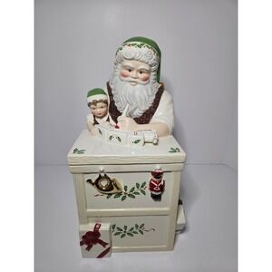 Lenox Santa Workbench Cookie Jar Ceramic Christmas Toy Shop Elf Figurine Gold